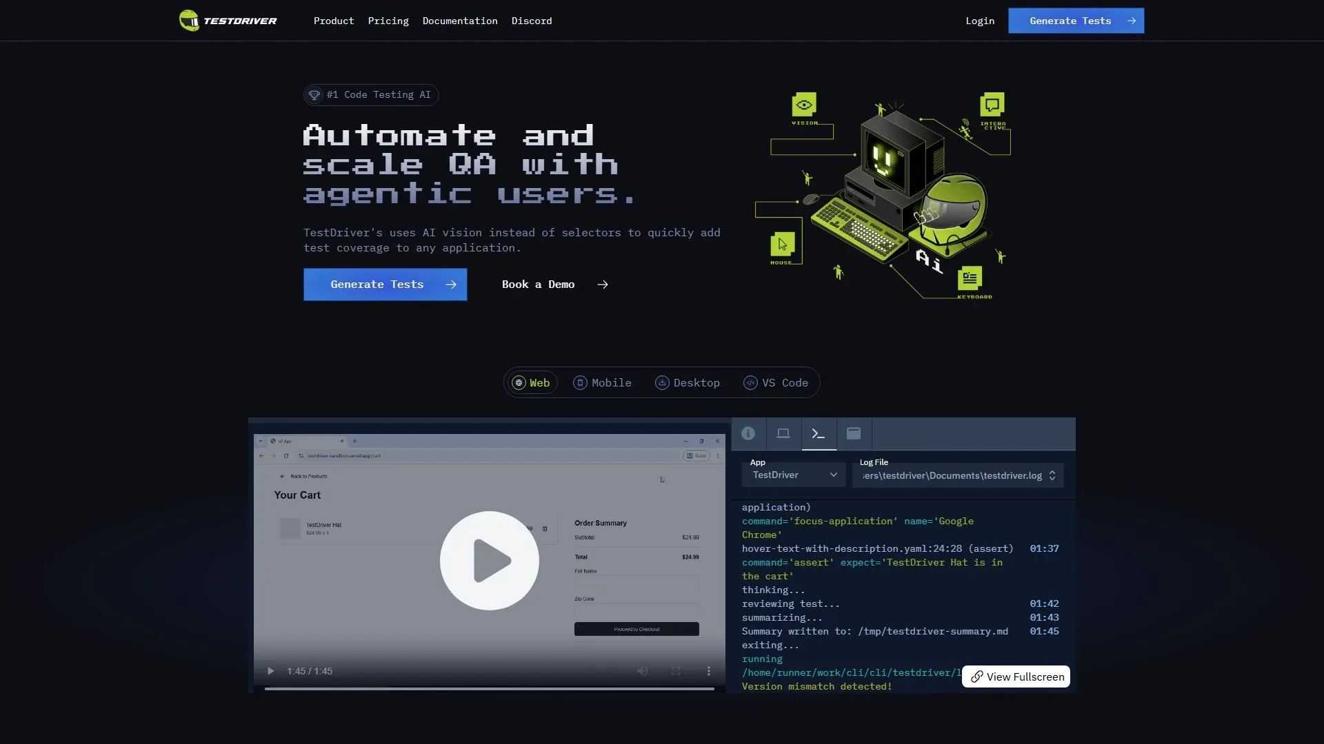 TestDriver vision AI agent automated UI test playback