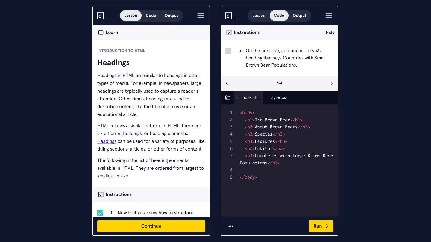 Codecademy browser-based coding exercise and lesson interface