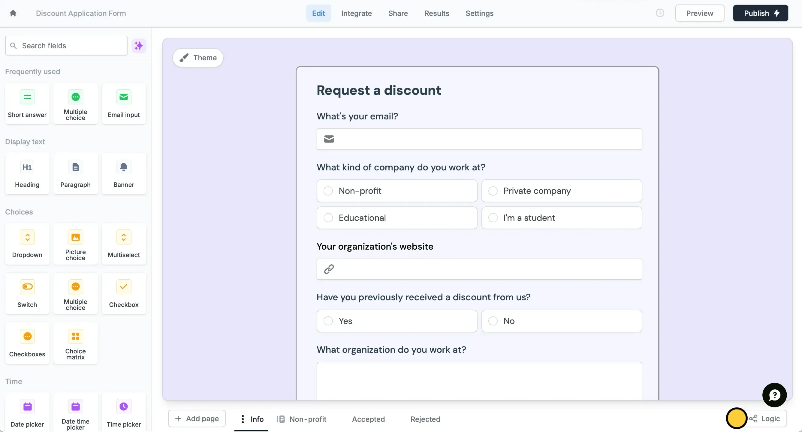 Fillout visual drag-and-drop form builder and conditional logic editor