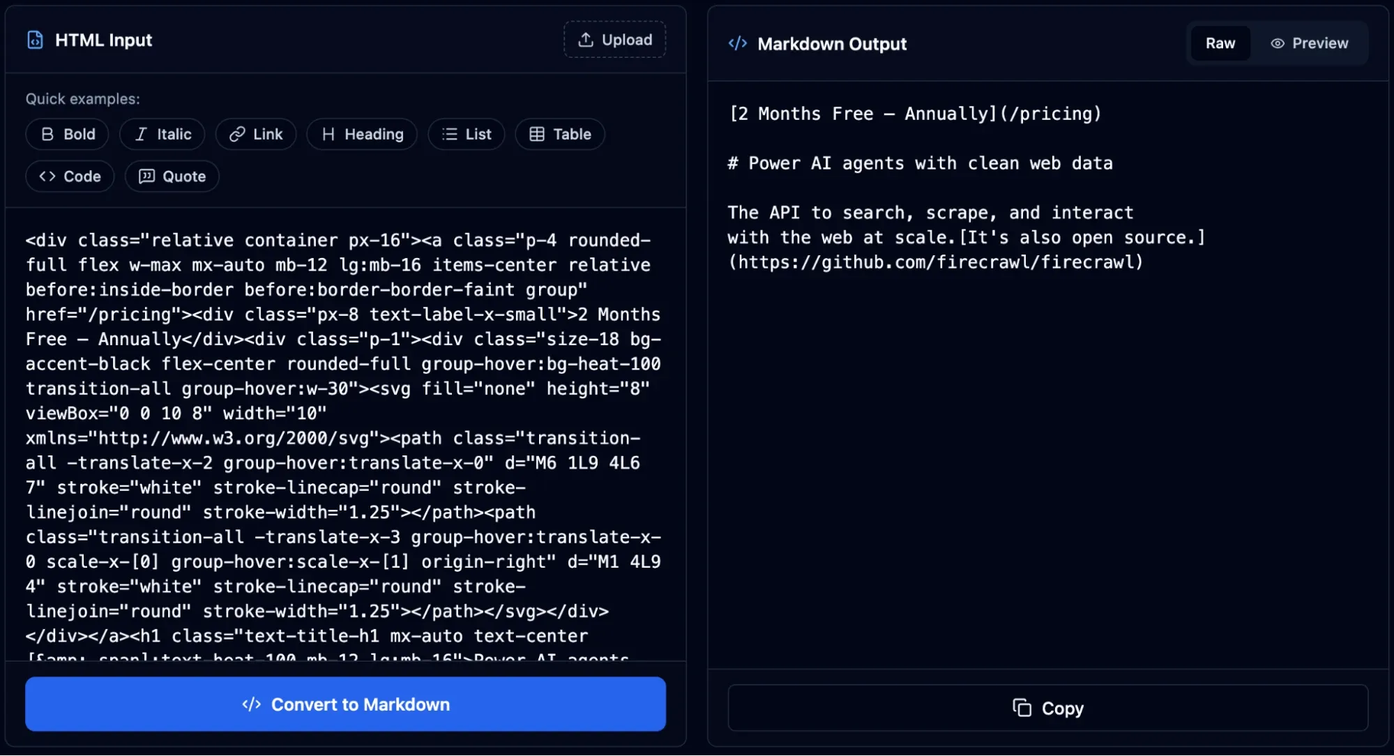 Firecrawl web scraper playground converting HTML to LLM-ready markdown