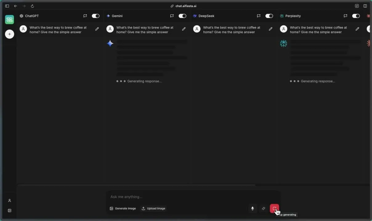 AI Fiesta multi-model side-by-side chat interface querying ChatGPT, Gemini, DeepSeek, and Perplexity simultaneously