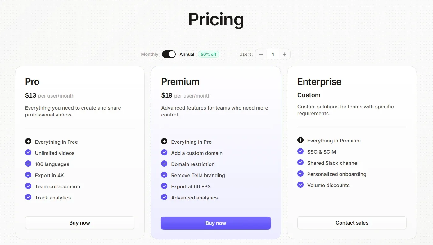 Tella official pricing plans and team subscriptions