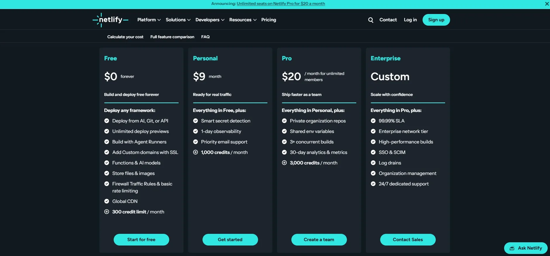 Netlify official pricing plans and credit allocations