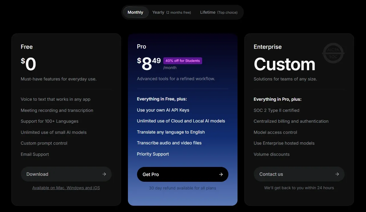 Superwhisper official pricing and lifetime license plans