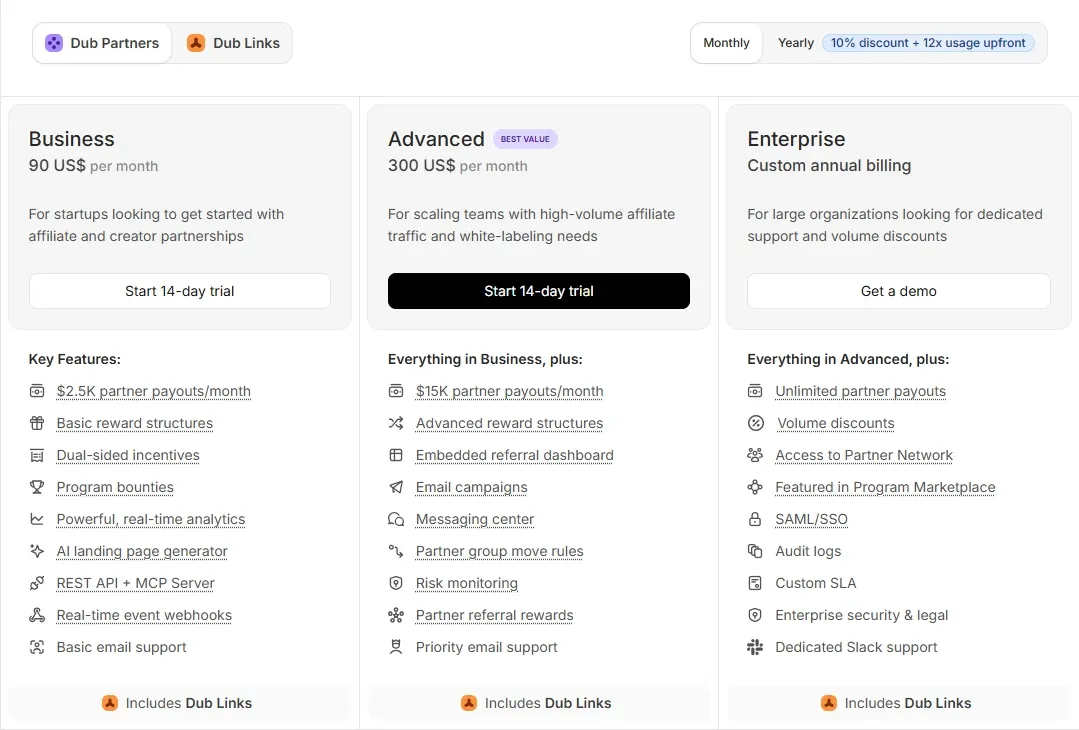 Dub.co official pricing plans and link click limits