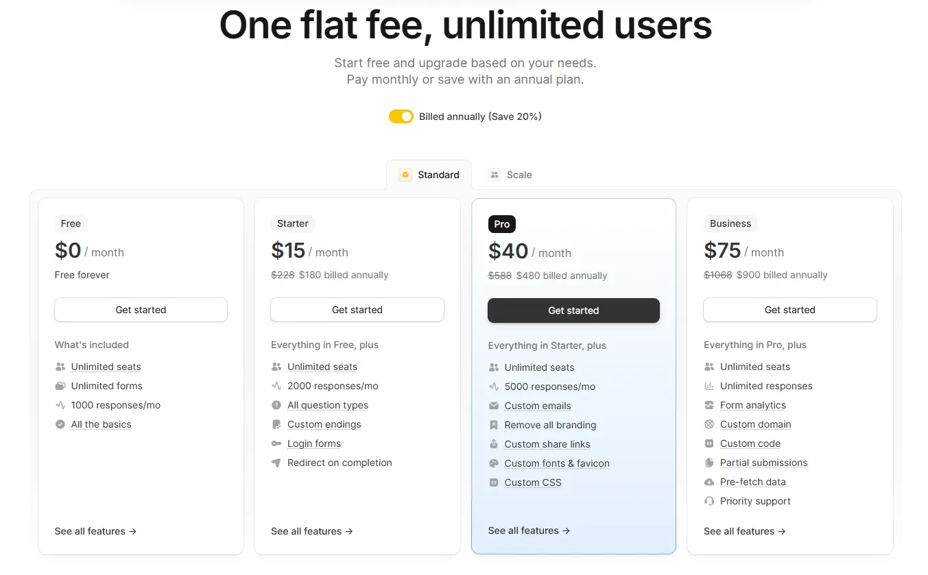 Fillout official pricing plans and response allowances
