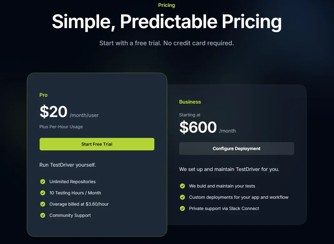 TestDriver.ai official pricing and subscription plans