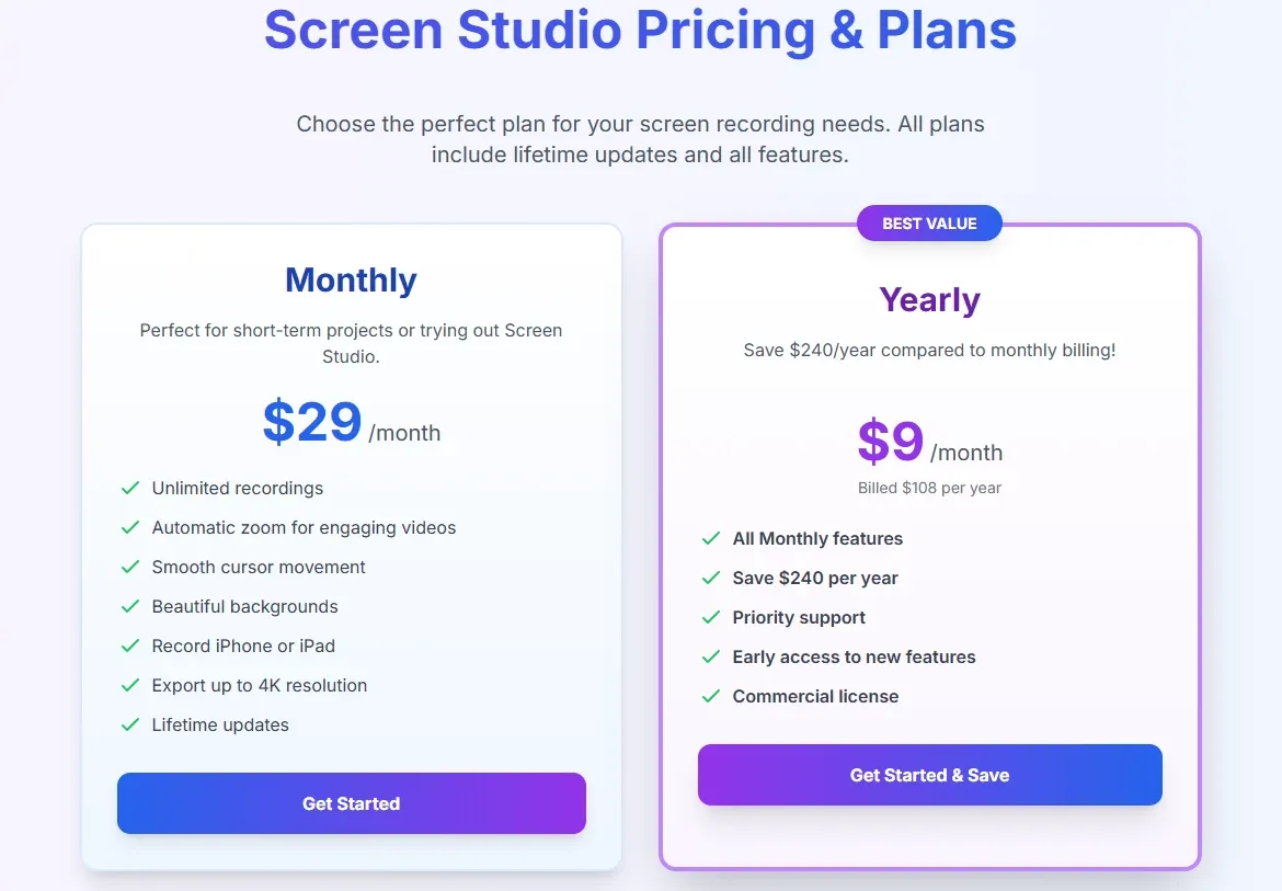 Screen Studio official license and pricing plans