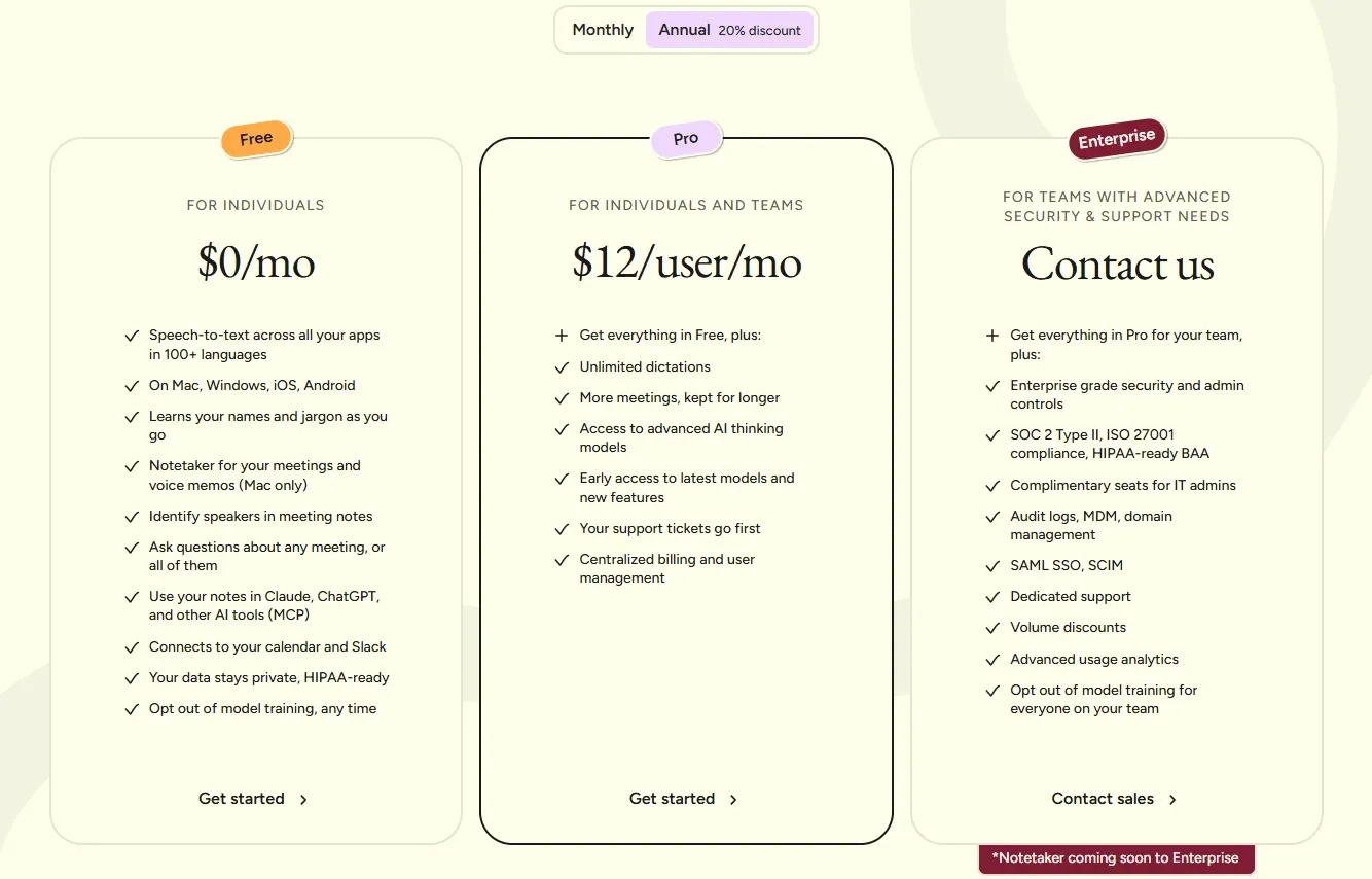 Wispr Flow official pricing plans and word allowances