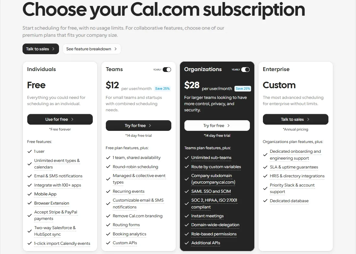 Cal.com official pricing and open-source hosting options