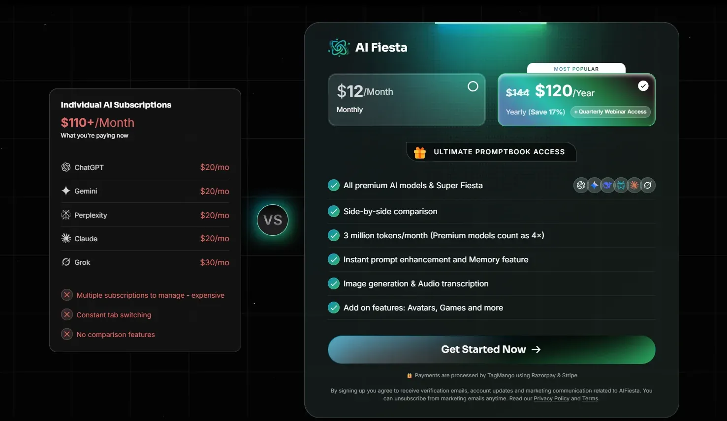 AI Fiesta pricing plans showing $12 monthly and $120 yearly subscriptions with 4x premium token multiplier