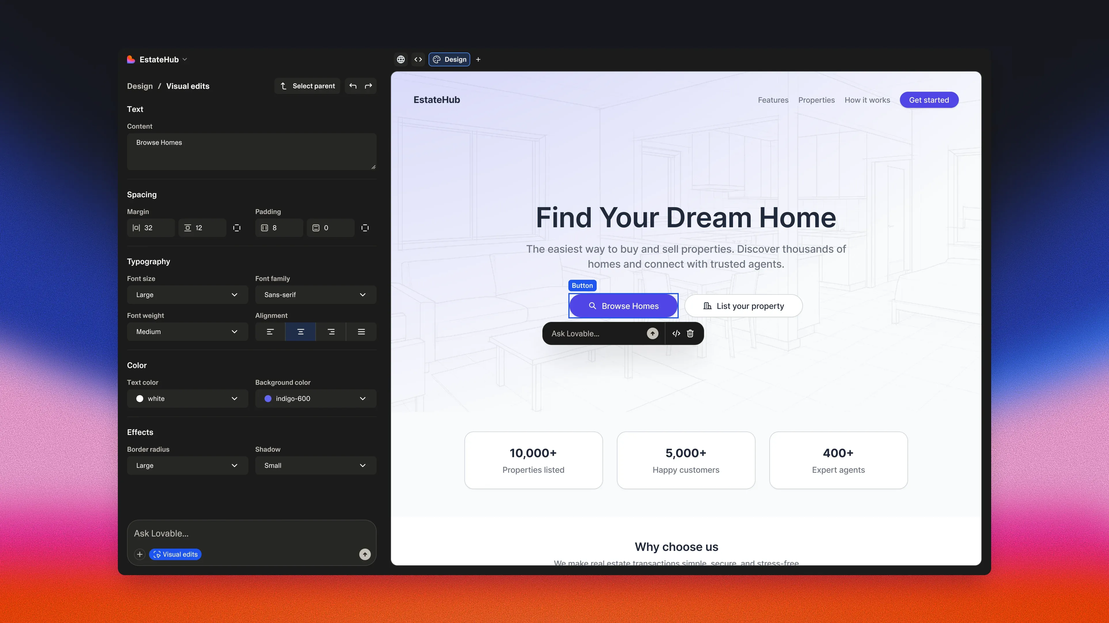 The Lovable prompt interface with live app preview