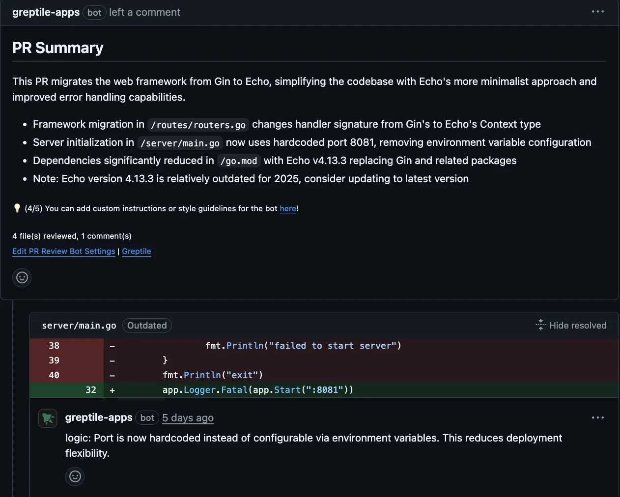 A Greptile review posted on a pull request