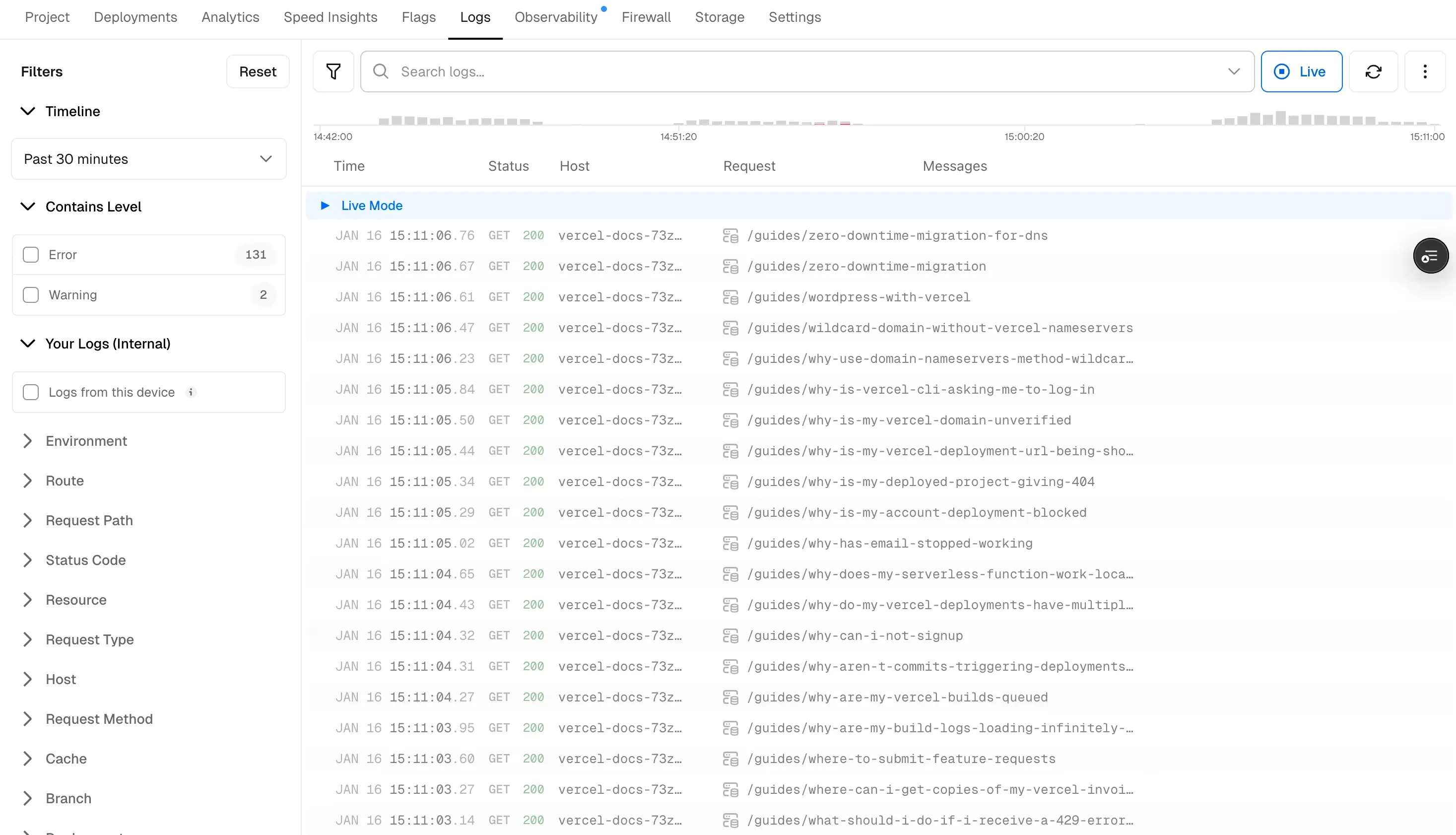 Vercel runtime request logs and deployment observability