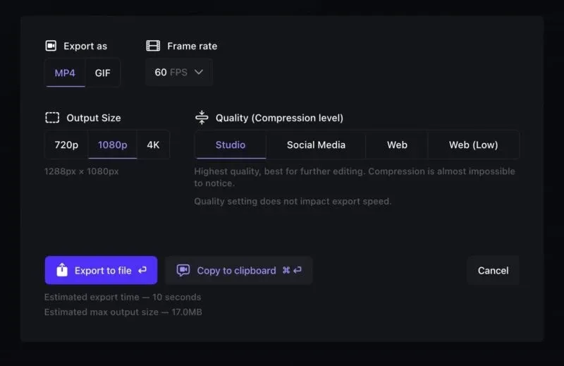Screen Studio cinematic video export and motion blur settings