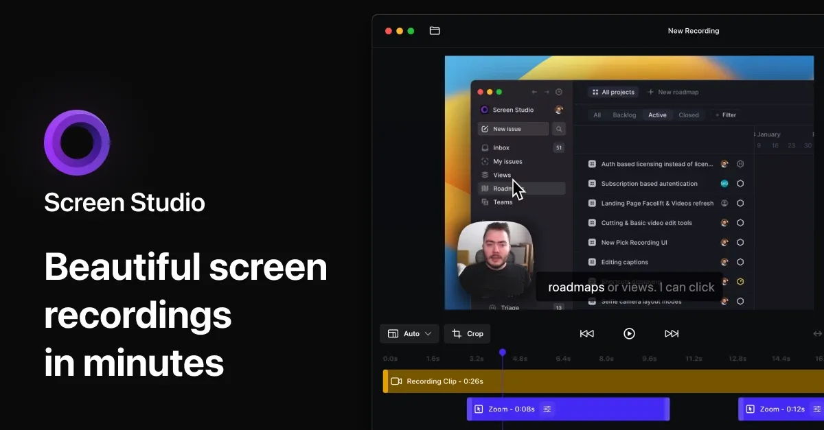Screen Studio macOS recording workspace and automatic zoom editor