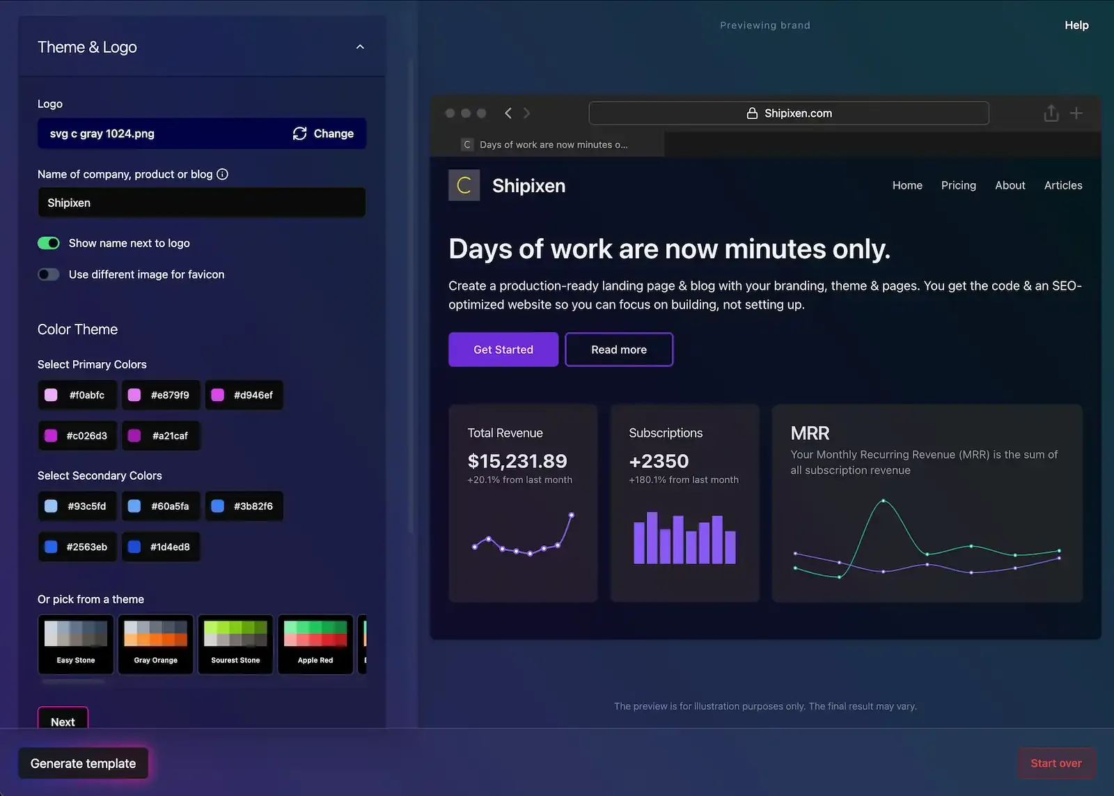 Shipixen Next.js landing page theme builder and MDX blog generator