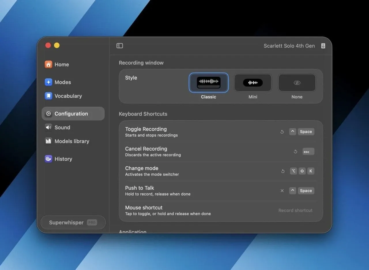 Superwhisper local AI dictation interface and custom mode picker
