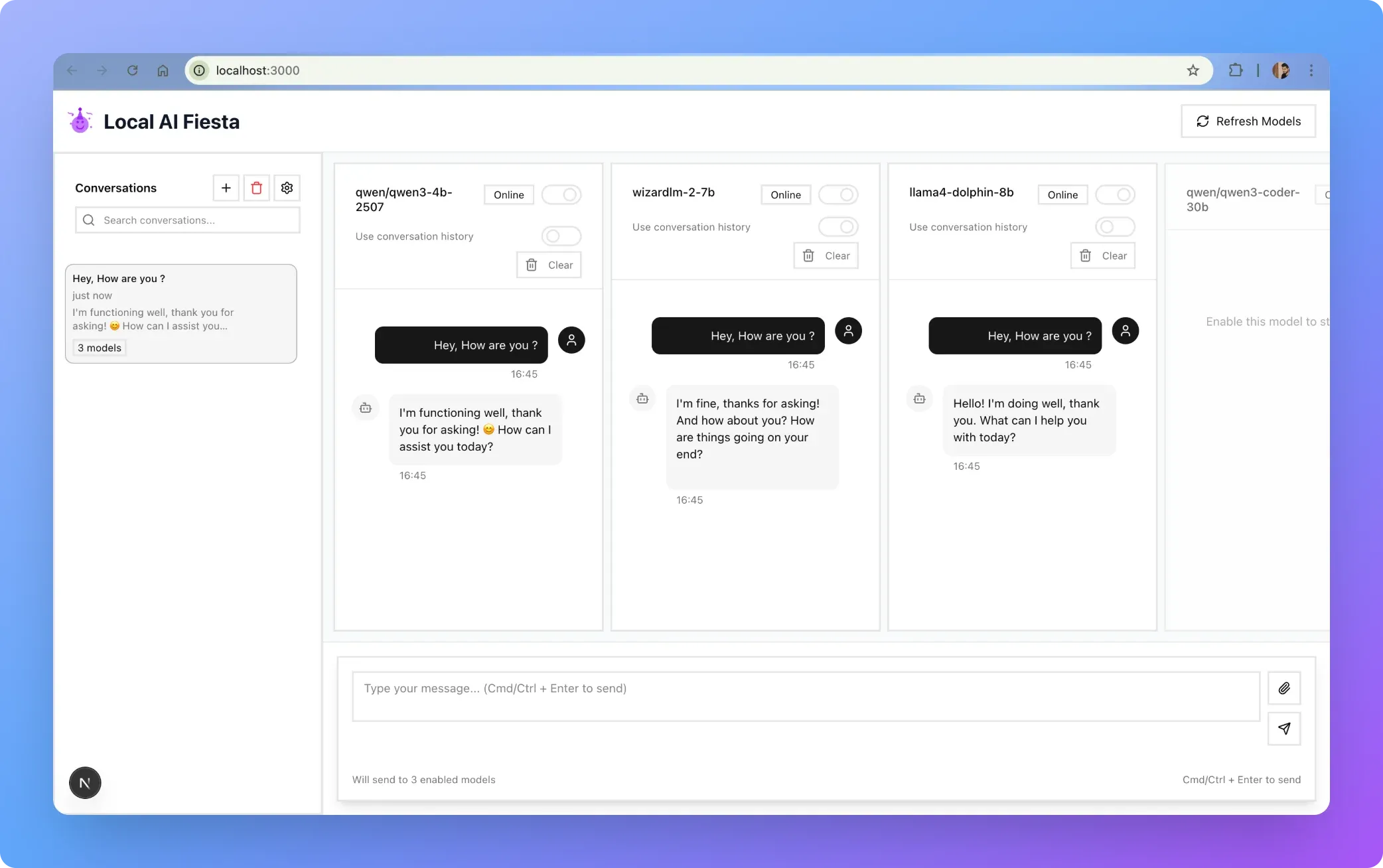 AI Fiesta multi-model chat interface showing multiple AI models answering in one window